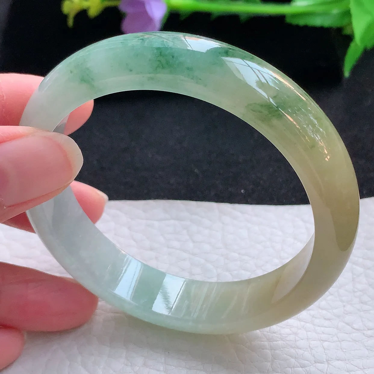 hh自然光58*13.8*7.7平安镯 翡翠a货玉手镯冰胶三彩宽边珠宝玉手环