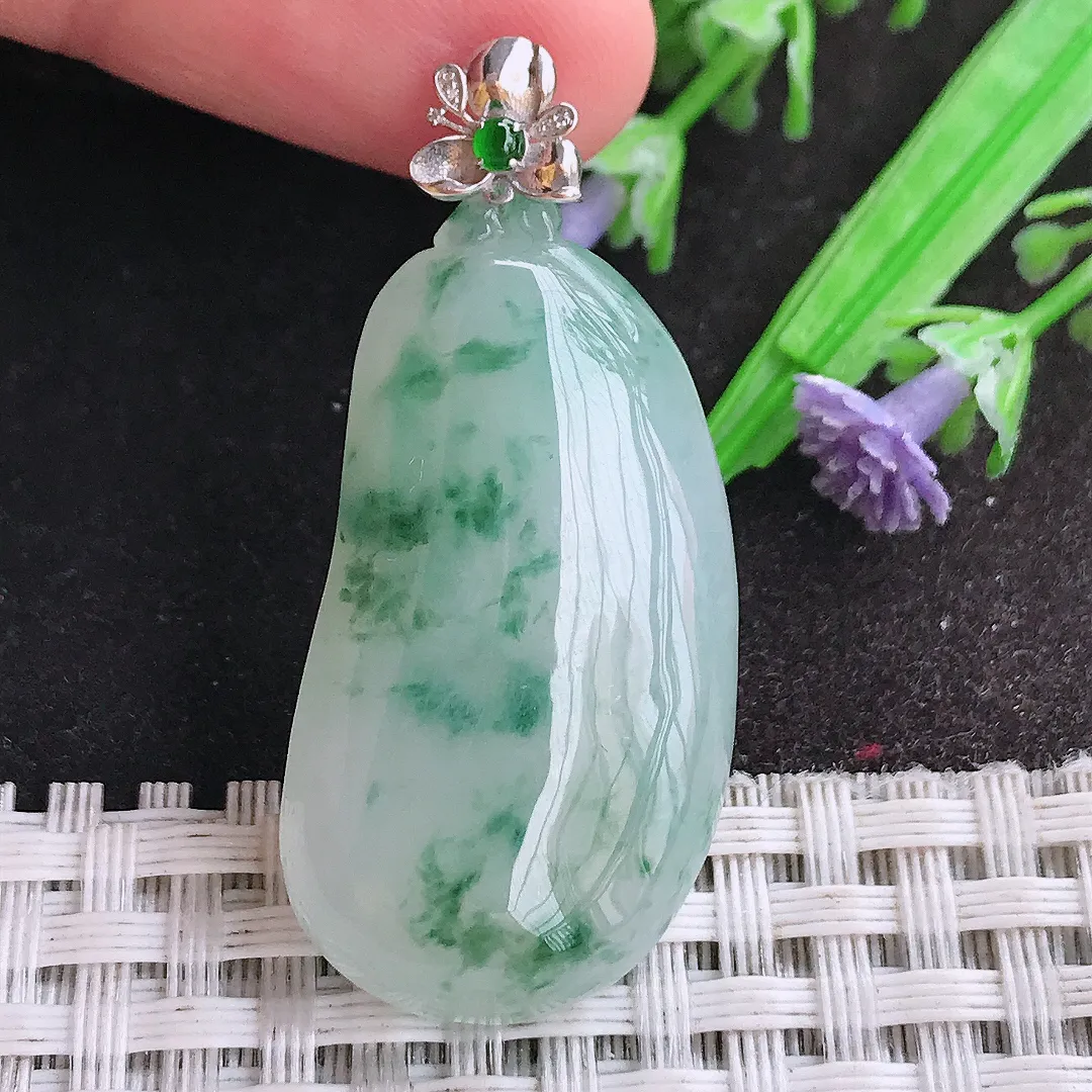 天然A货翡翠37/19.6/7.5老坑18k金镶嵌冰胶果冻飘花福瓜吊坠翡翠挂件
