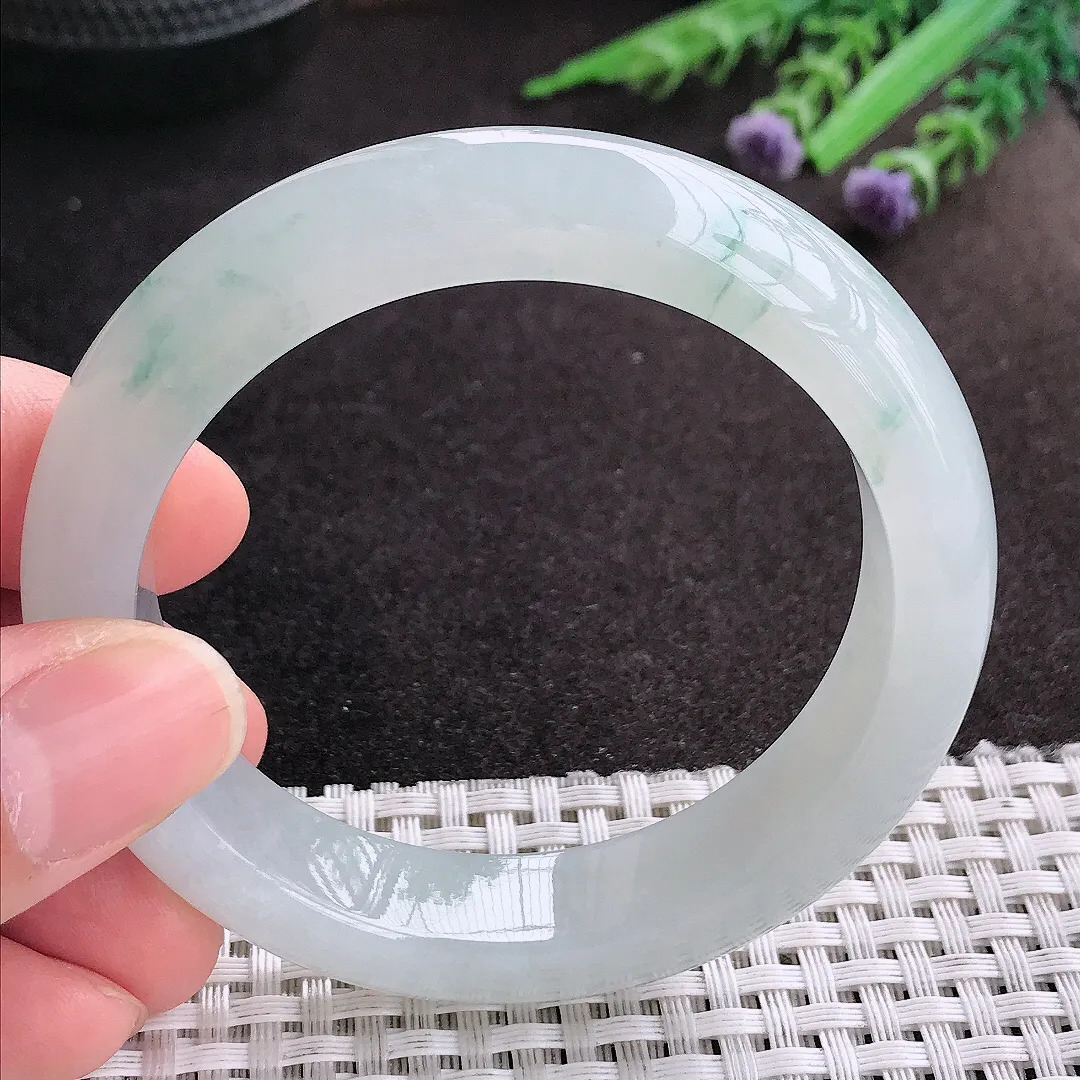 天然A货翡翠54/12.9/9老坑冰胶果冻冰飘花手镯宽边玉镯