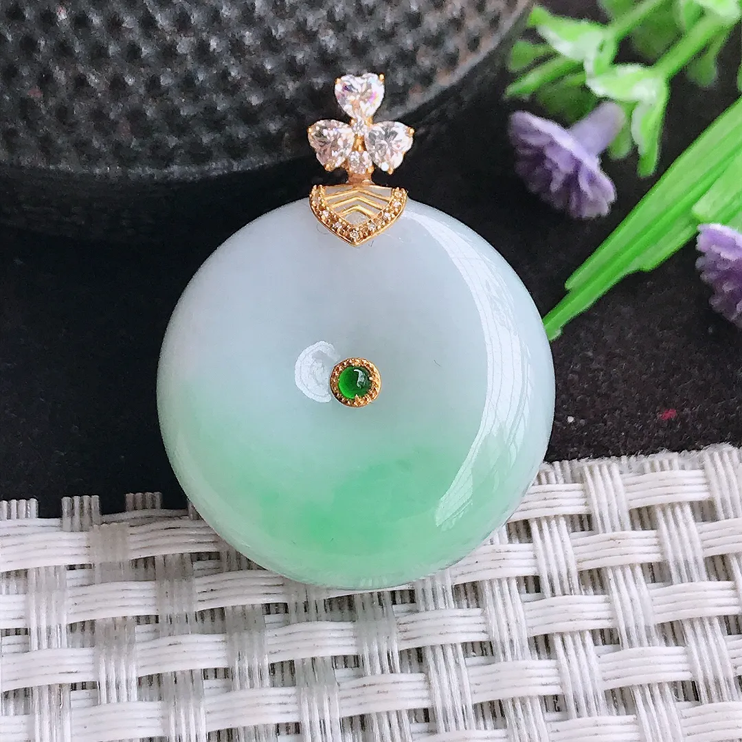 天然A货翡翠25.3/12.4老坑18k金镶嵌温润飘绿平安扣转运珠吊坠翡翠挂件