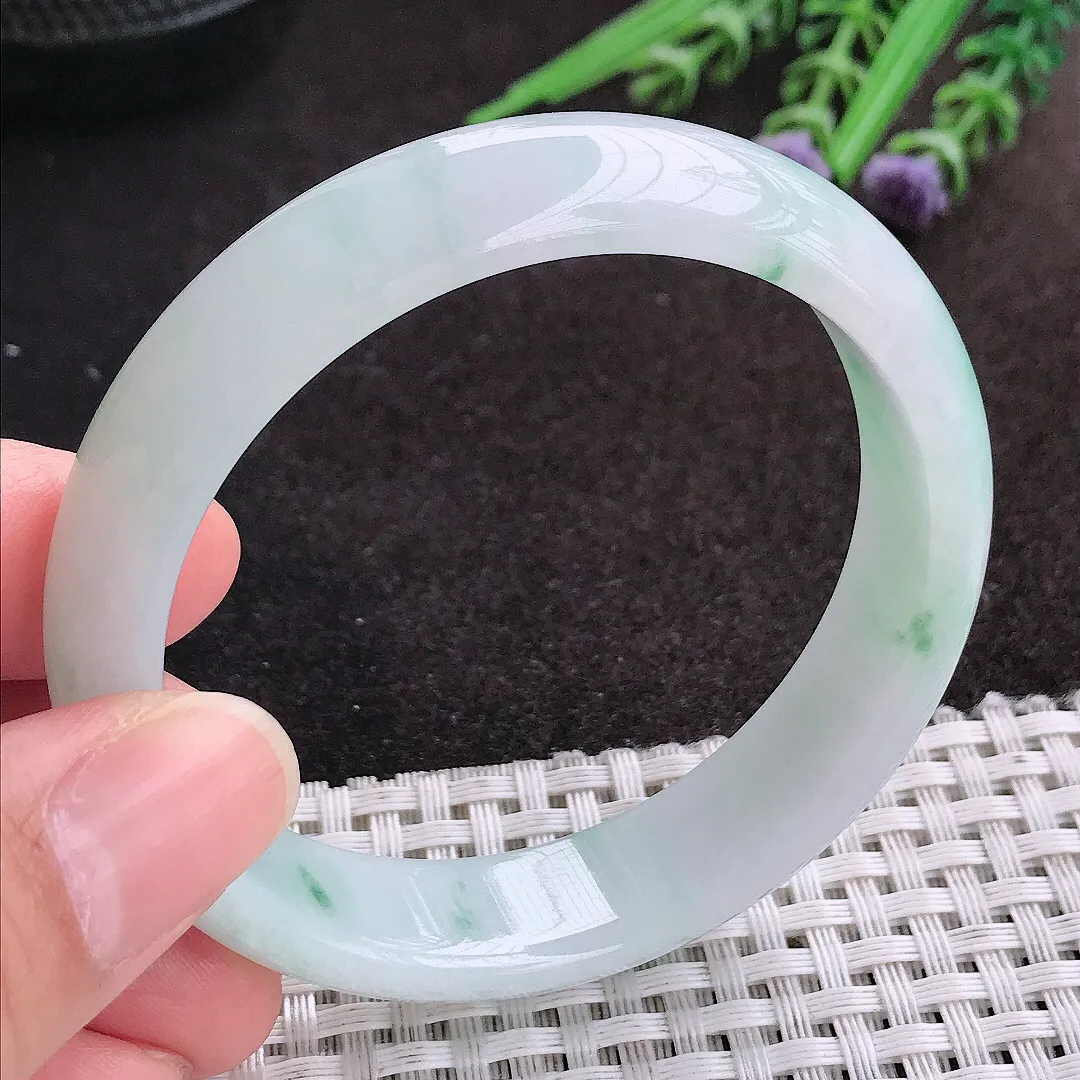 天然A货翡翠55/13.5/7.2老坑秀气冰曲目起胶飘花手镯宽边玉镯