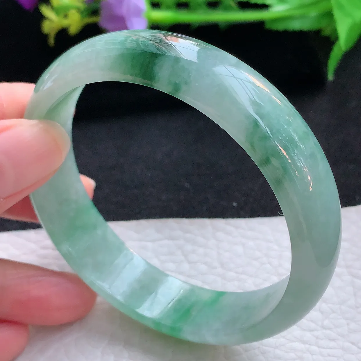 hh大圈口60*15*6.3轮胎镯 翡翠a货玉手镯飘花宽边珠宝玉手环