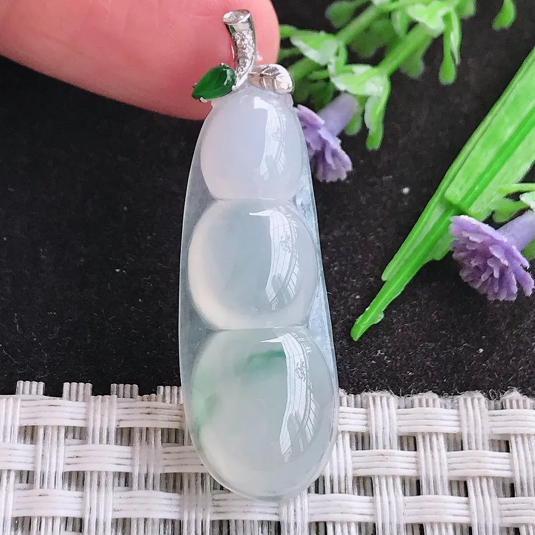 天然A货翡翠37.5/13.8/6.5老坑18k金镶嵌冰种飘花四季豆吊坠翡翠福豆挂件