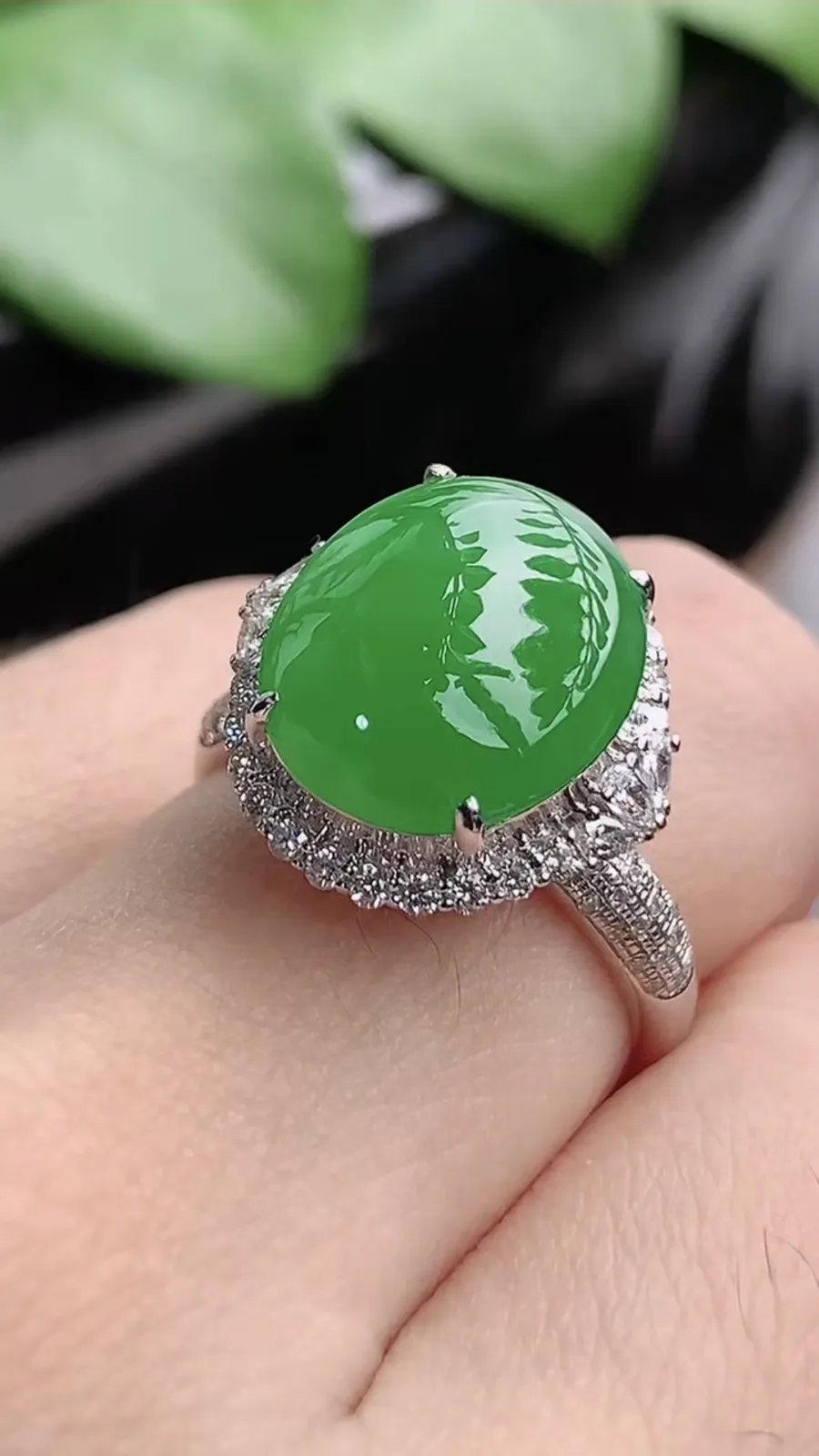 a货翡翠老坑种18K金伴钻镶嵌阳绿蛋面戒指 圈口17.4裸石尺寸12.8×11mm 重量5.16g 