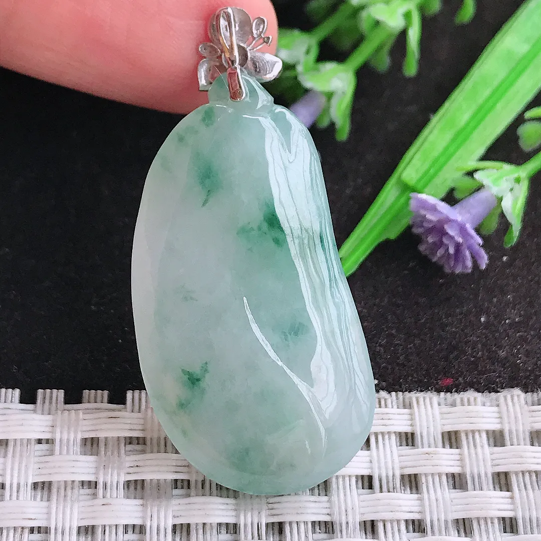 天然A货翡翠37/19.6/7.5老坑18k金镶嵌冰胶果冻飘花福瓜吊坠翡翠挂件