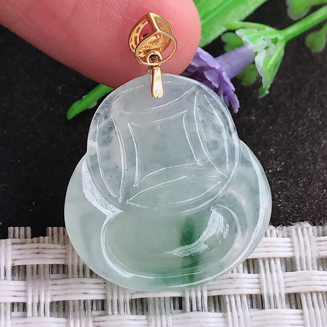 天然A货翡翠22.8/22/5老坑18k金镶嵌冰透起胶飘花财神爷吊坠翡翠挂件