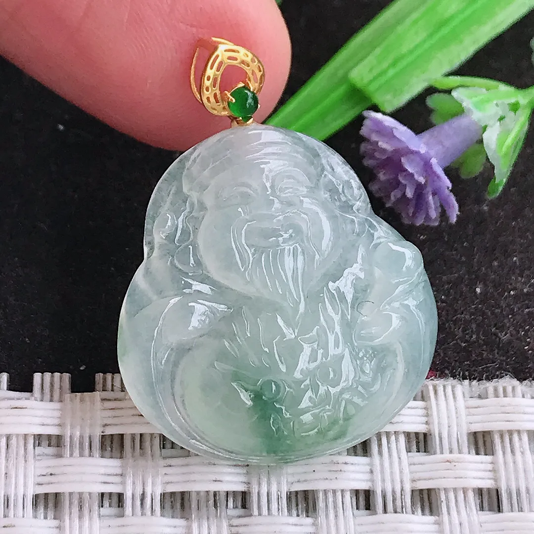 天然A货翡翠22.8/22/5老坑18k金镶嵌冰透起胶飘花财神爷吊坠翡翠挂件