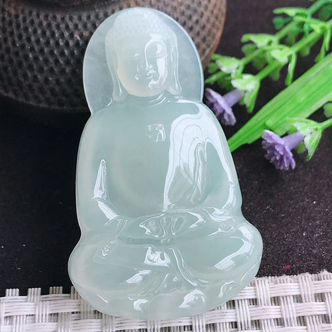 天然A货翡翠58/36.3/6老坑冰纯果冻胶冰晴绿大日如来佛吊坠翡翠挂件