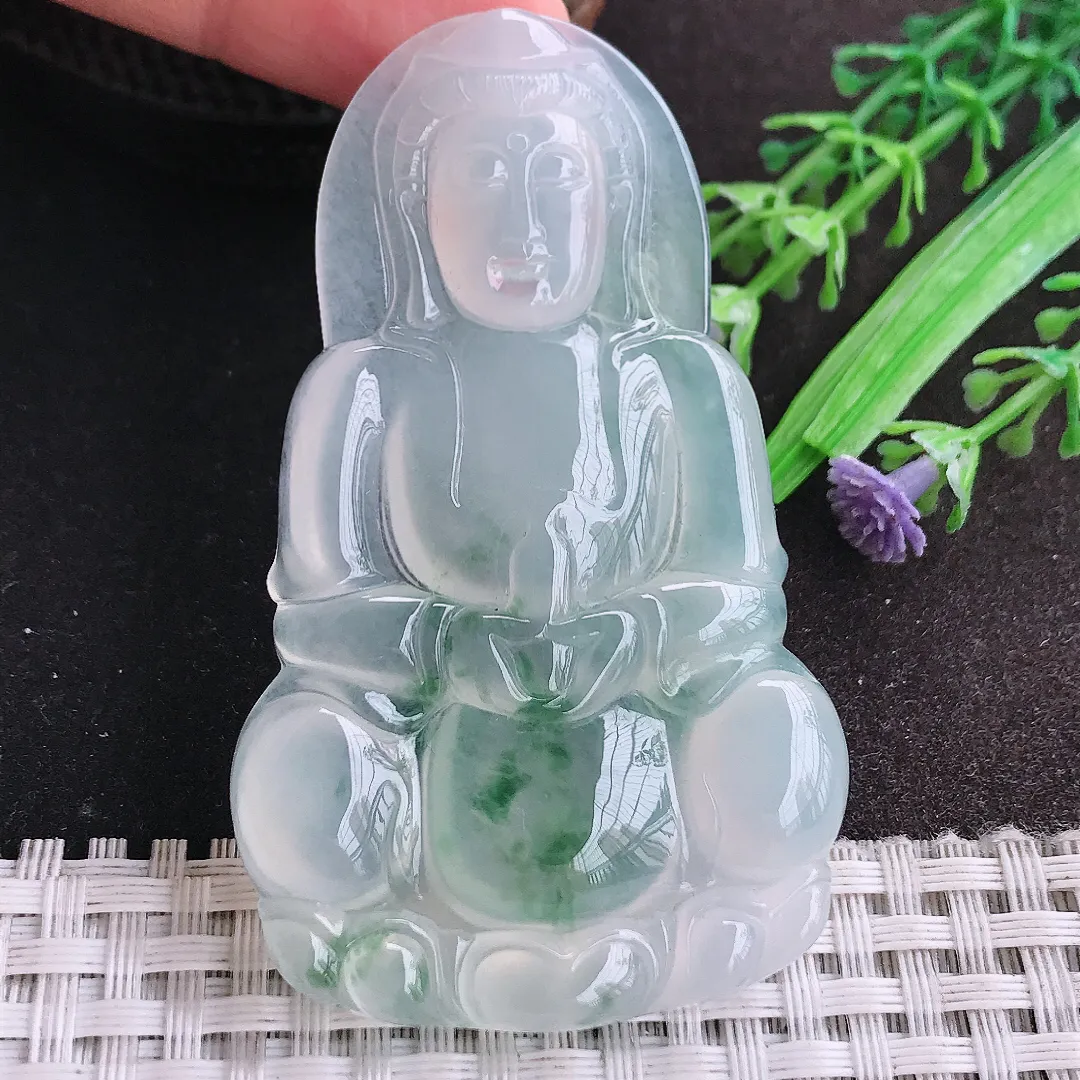 天然a货翡翠68.8/41.8/6老坑高冰透冰种飘花正装观音吊坠玉观音挂件