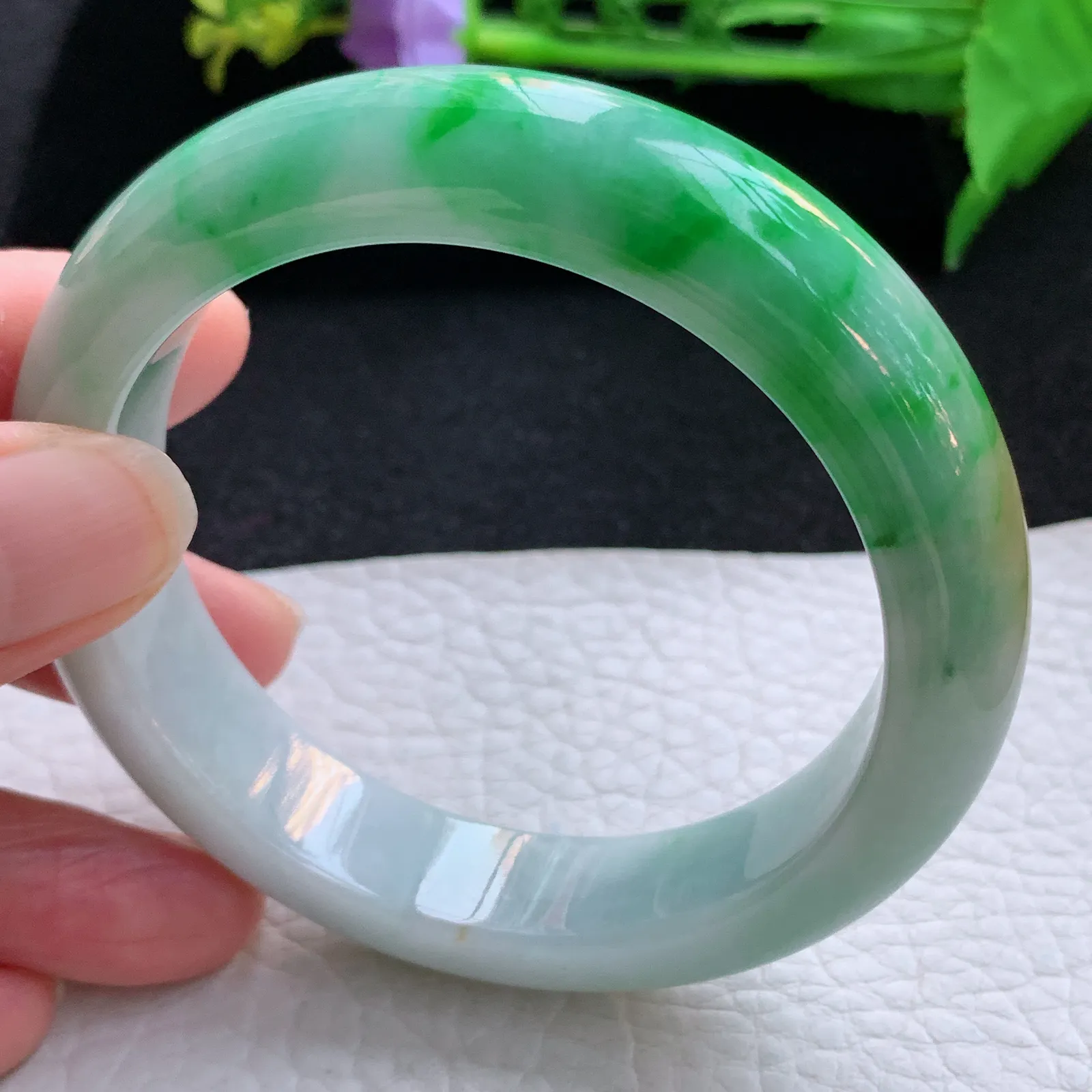 cc自然光57.5*13.8*9平安镯 翡翠a货玉手镯三彩厚装宽边珠宝玉手环