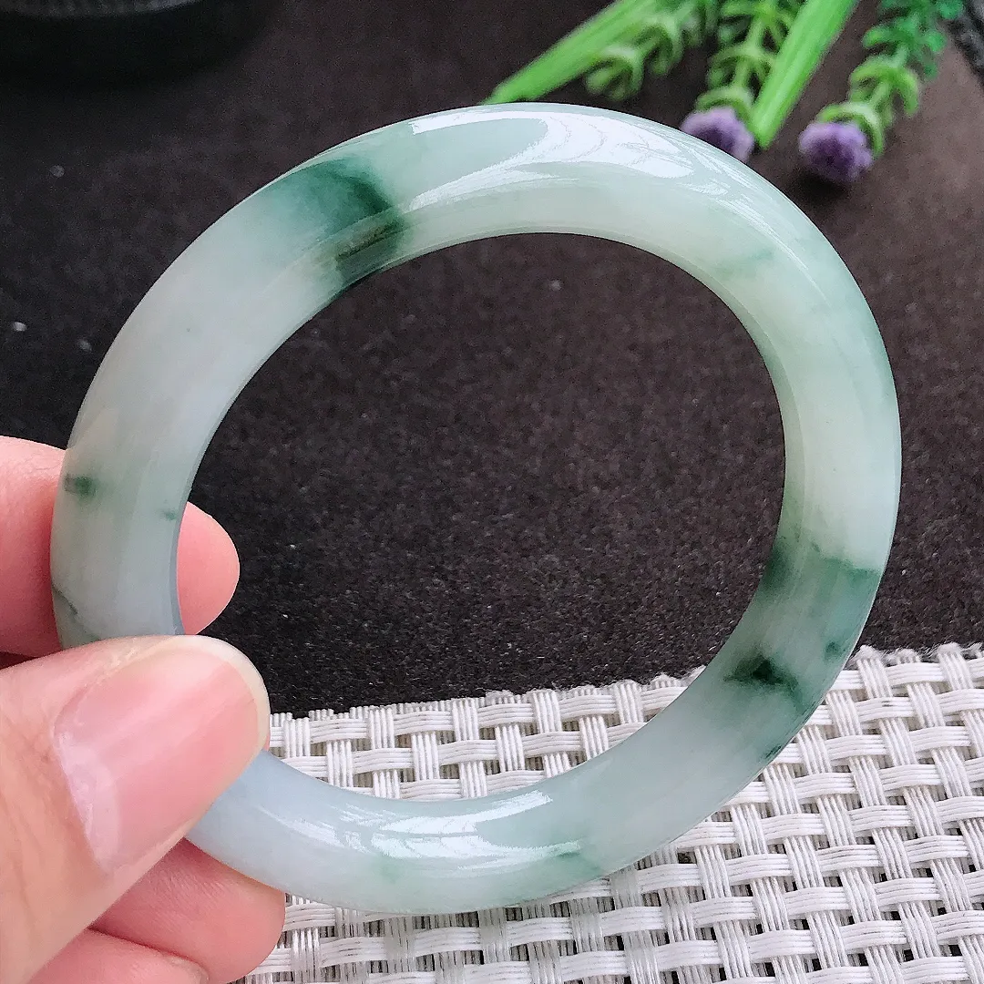 天然A货翡翠53/10.5/9.5老坑精美冰润飘花圆条手镯玉镯