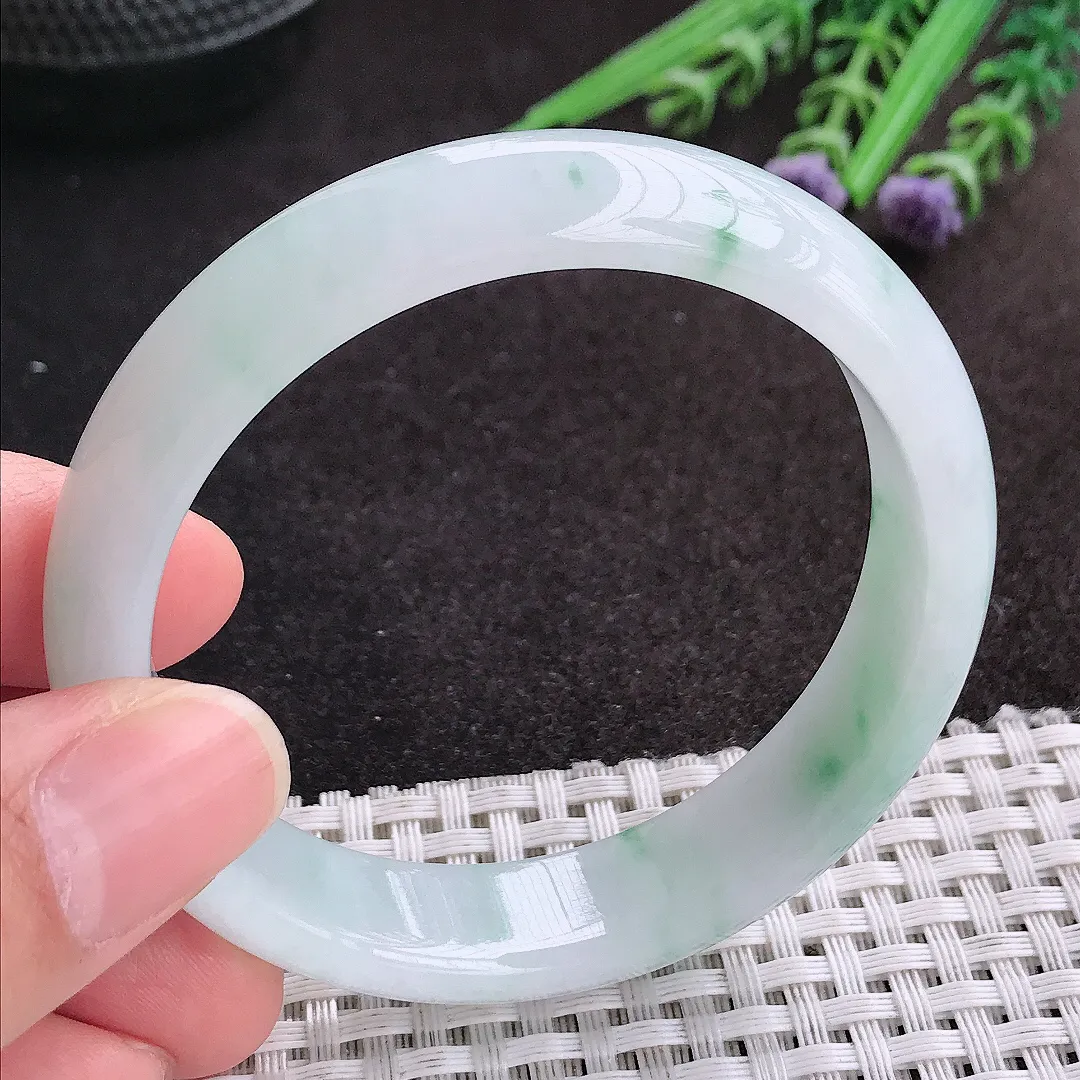 天然A货翡翠55/13.5/7.2老坑秀气冰曲目起胶飘花手镯宽边玉镯