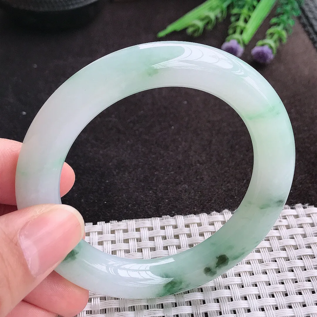 天然A货翡翠54/11.5/11老坑冰胶水灵飘花圆条手镯玉镯