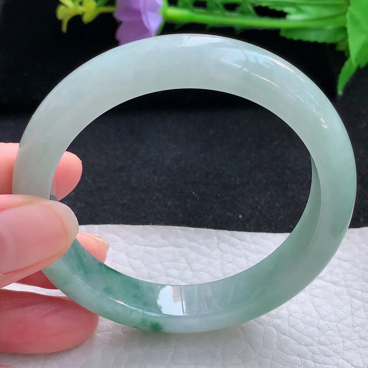 hy自然光57.5*12*8.5平安镯 翡翠a货玉手镯冰飘花宽边珠宝玉手环