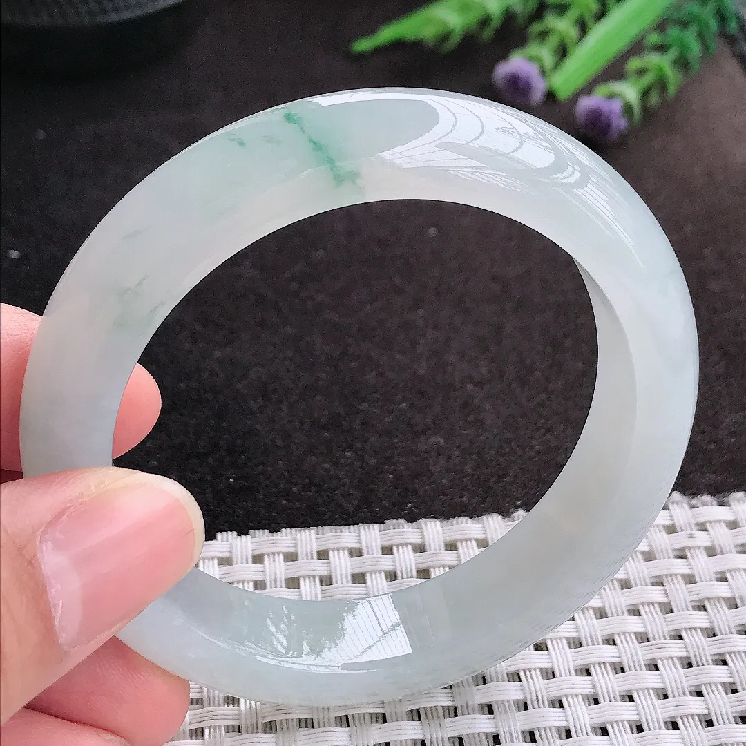 天然A货翡翠54/12.9/9老坑冰胶果冻冰飘花手镯宽边玉镯