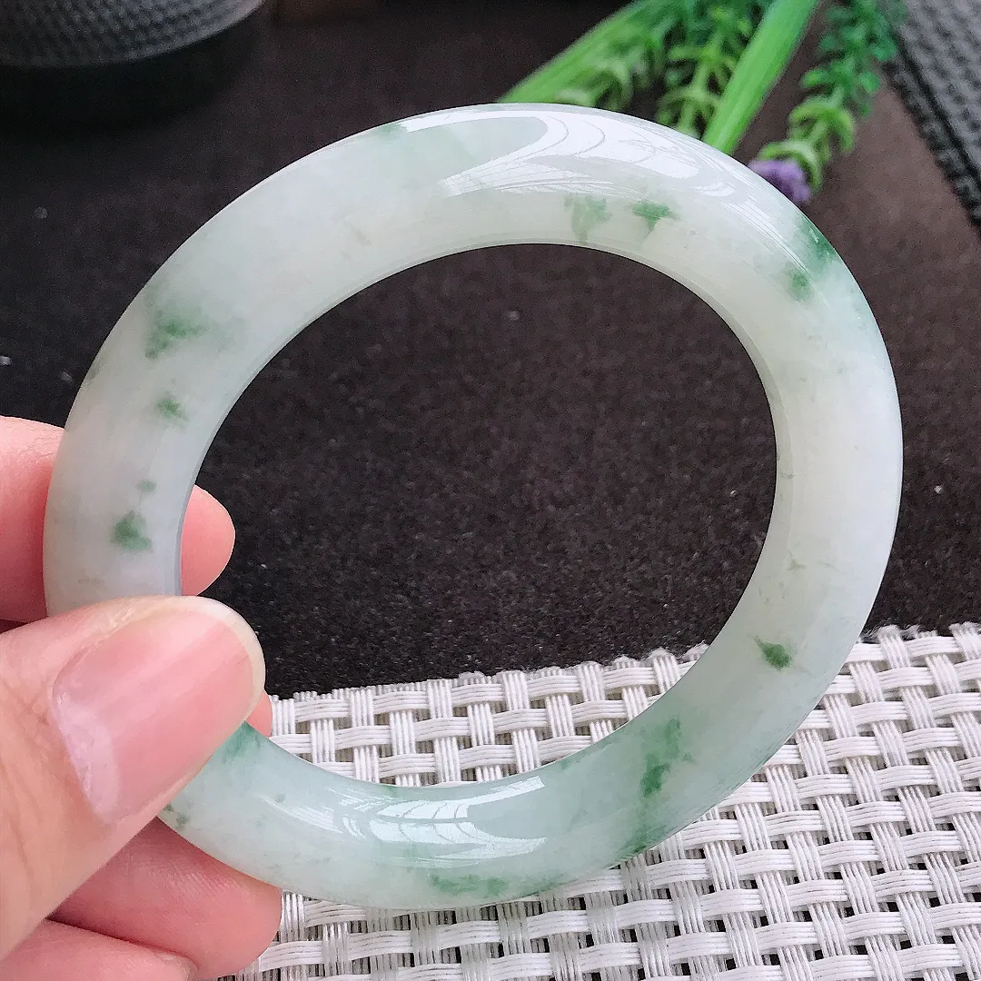 天然A货翡翠54/10.8/10.8老坑冰润起胶飘花圆条手镯玉镯