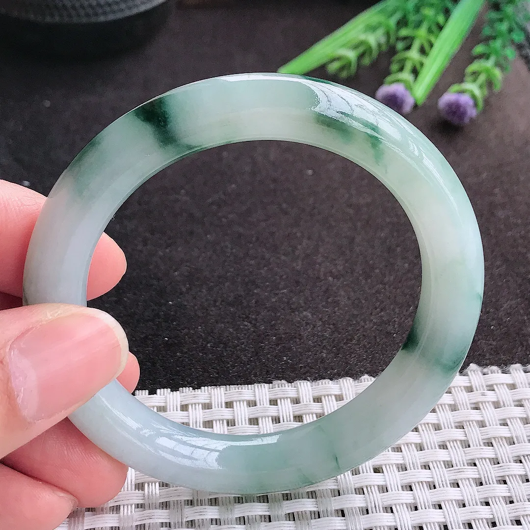 天然A货翡翠53/10.5/9.5老坑精美冰润飘花圆条手镯玉镯