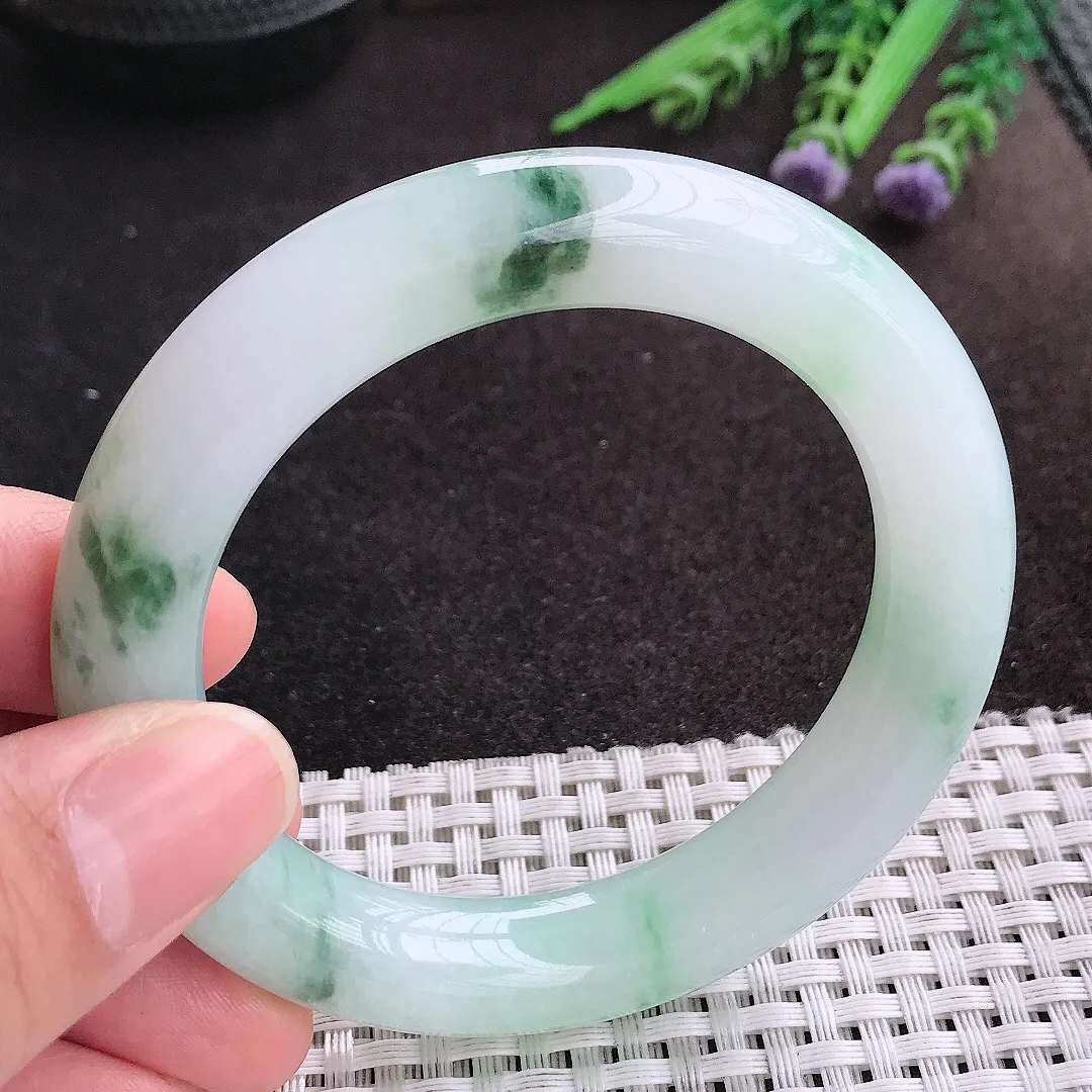 天然A货翡翠54/11.5/11老坑冰胶水灵飘花圆条手镯玉镯