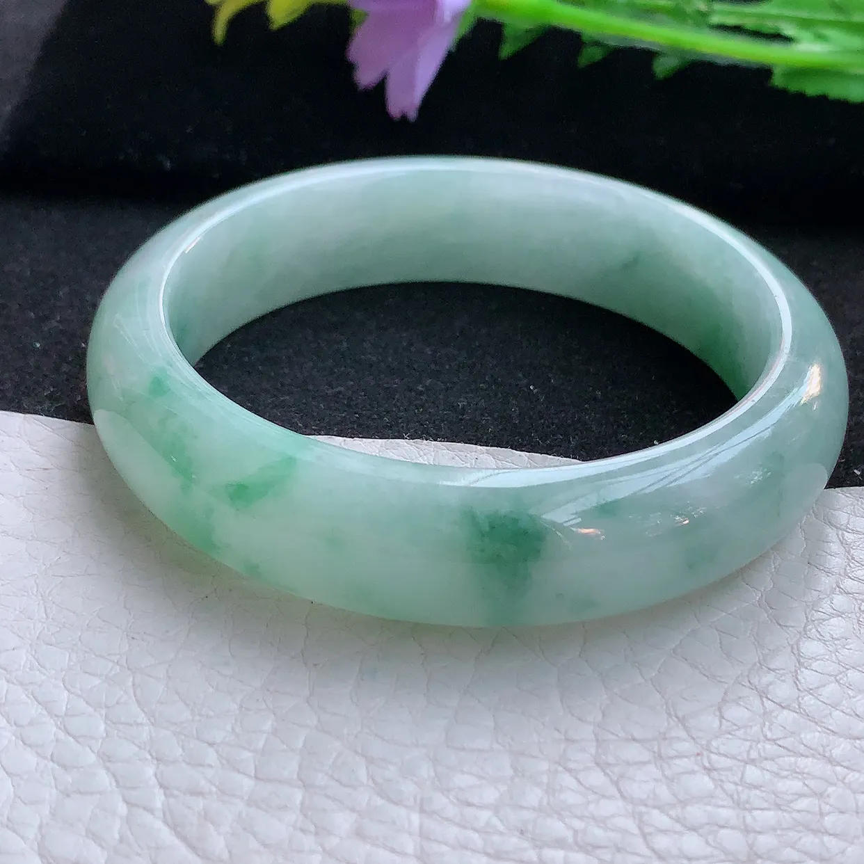 hy自然光58*14.5*8.5平安镯 翡翠a货玉手镯飘花宽边珠宝玉手环