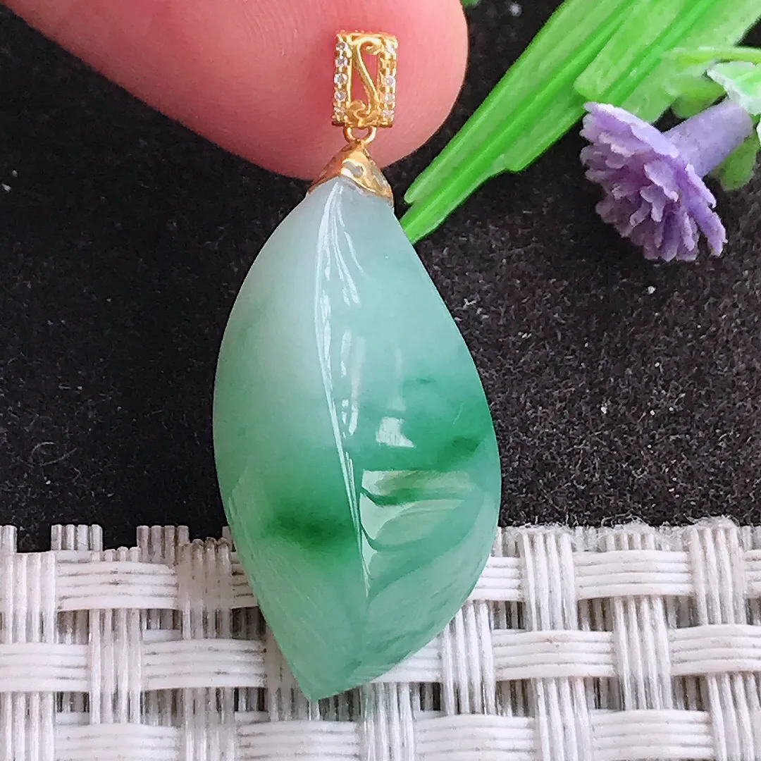 天然A货翡翠25/13.5/8老坑18k金镶嵌温润飘绿随行吊坠翡翠挂件