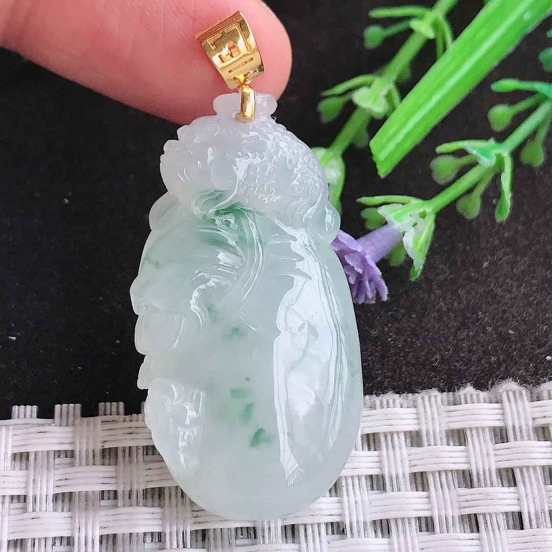 天然A货翡翠38.5/20.5/9.7老坑18k金镶嵌冰胶果冻飘花袋袋有钱钱袋子吊坠翡翠福袋挂件