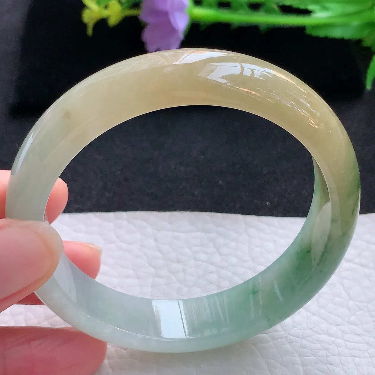 hh自然光58*13.8*7.7平安镯 翡翠a货玉手镯冰胶三彩宽边珠宝玉手环