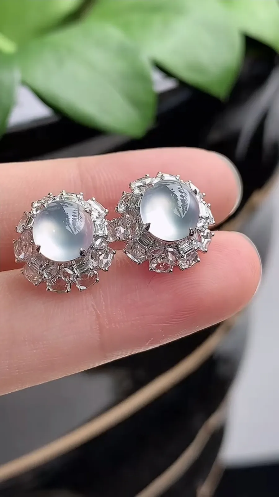 a货翡翠老坑冰种18K金伴钻镶嵌白月光蛋面耳钉 尺寸7.6×6.7mm 重量3.36g 1206