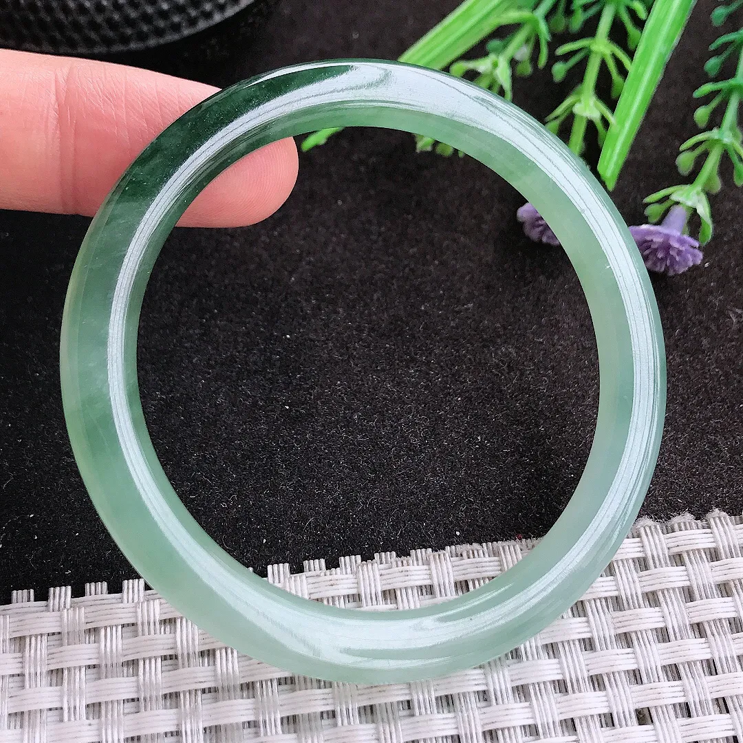 天然A货翡翠52.5/6.1/7.5老坑冰胶水灵飘花细条手镯圆条玉镯