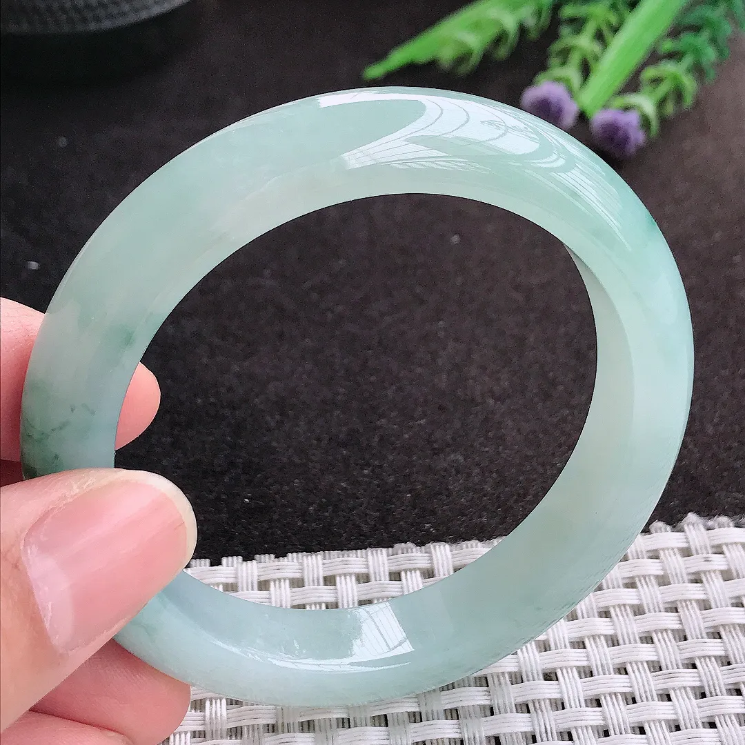 天然A货翡翠54.8/11.8/8.6老坑冰胶果冻飘花手镯宽边玉镯