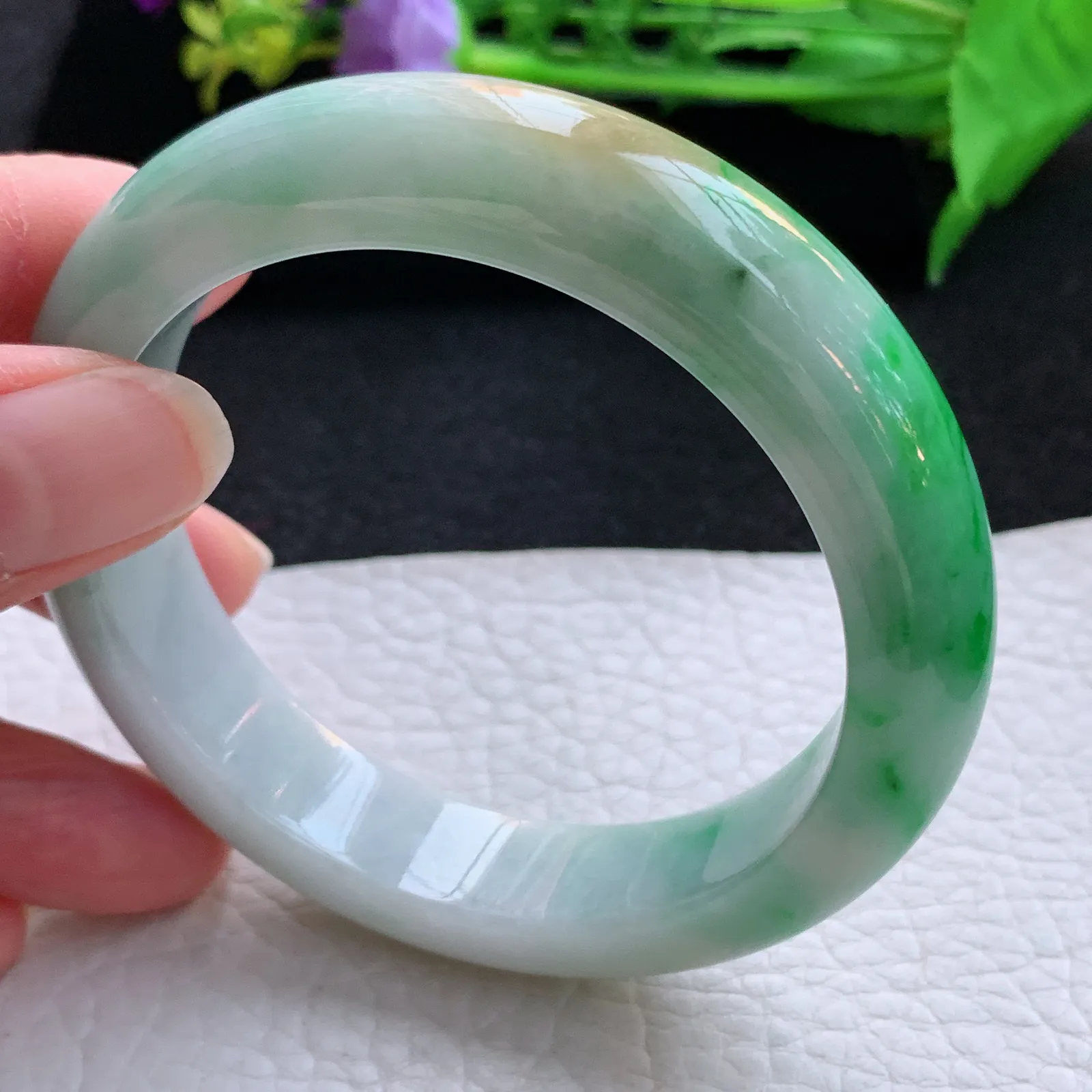 cc自然光57.5*13.8*9平安镯 翡翠a货玉手镯三彩厚装宽边珠宝玉手环