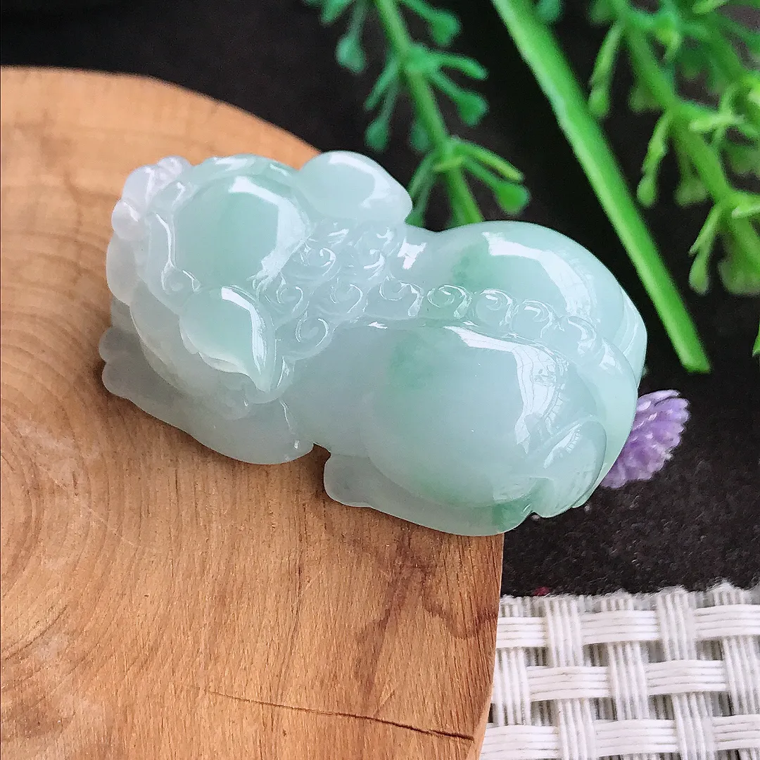 天然A货翡翠37.5/21/12.8老坑秀气冰润飘花貔貅吊坠翡翠挂件