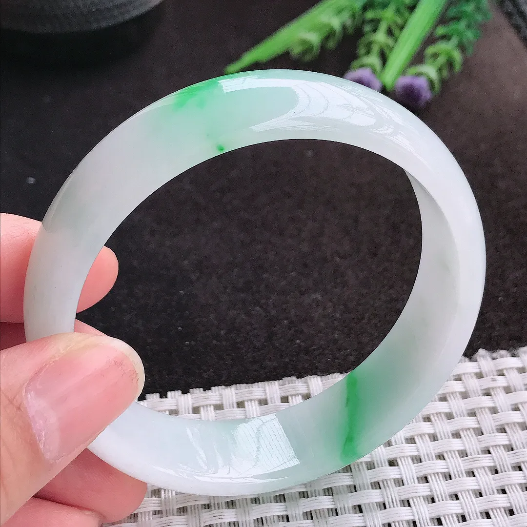 天然A货翡翠59/16.2/6.9老坑精美冰润飘阳绿轮胎手镯宽边玉镯