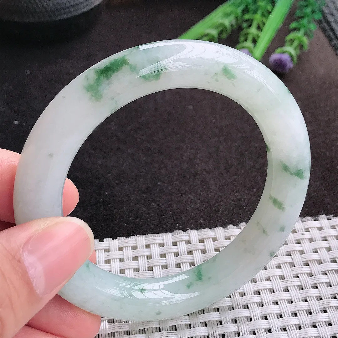 天然A货翡翠54/10.8/10.8老坑冰润起胶飘花圆条手镯玉镯