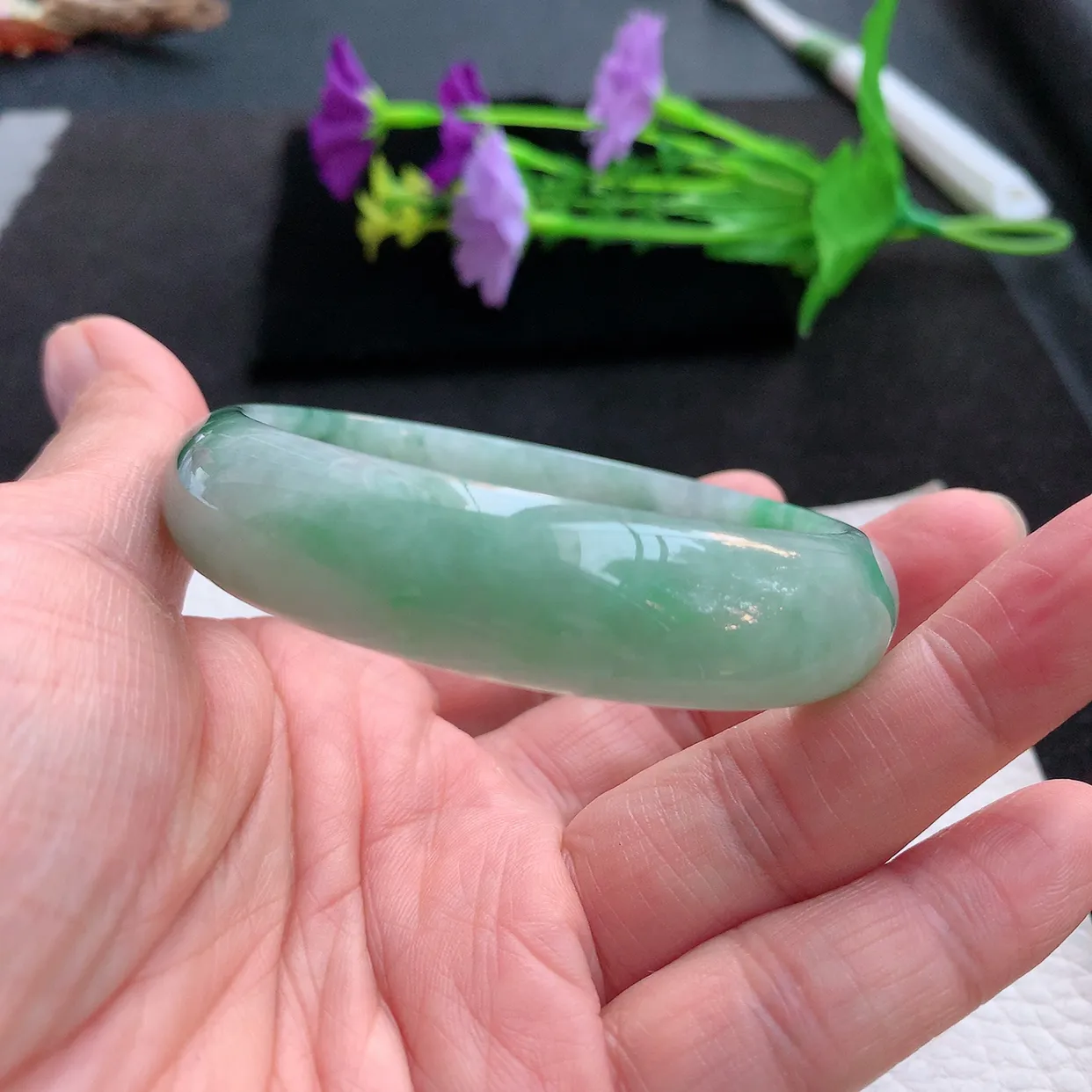 hh大圈口60*15*6.3轮胎镯 翡翠a货玉手镯飘花宽边珠宝玉手环