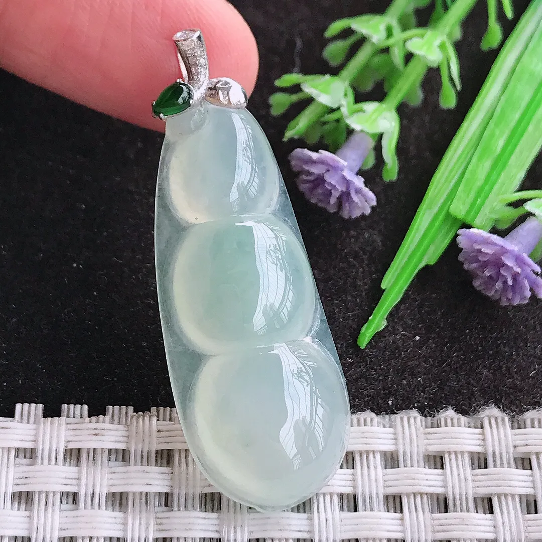 天然A货翡翠38.2/15.8/6老坑18k金镶嵌冰种起胶冰晴四季豆吊坠翡翠福豆