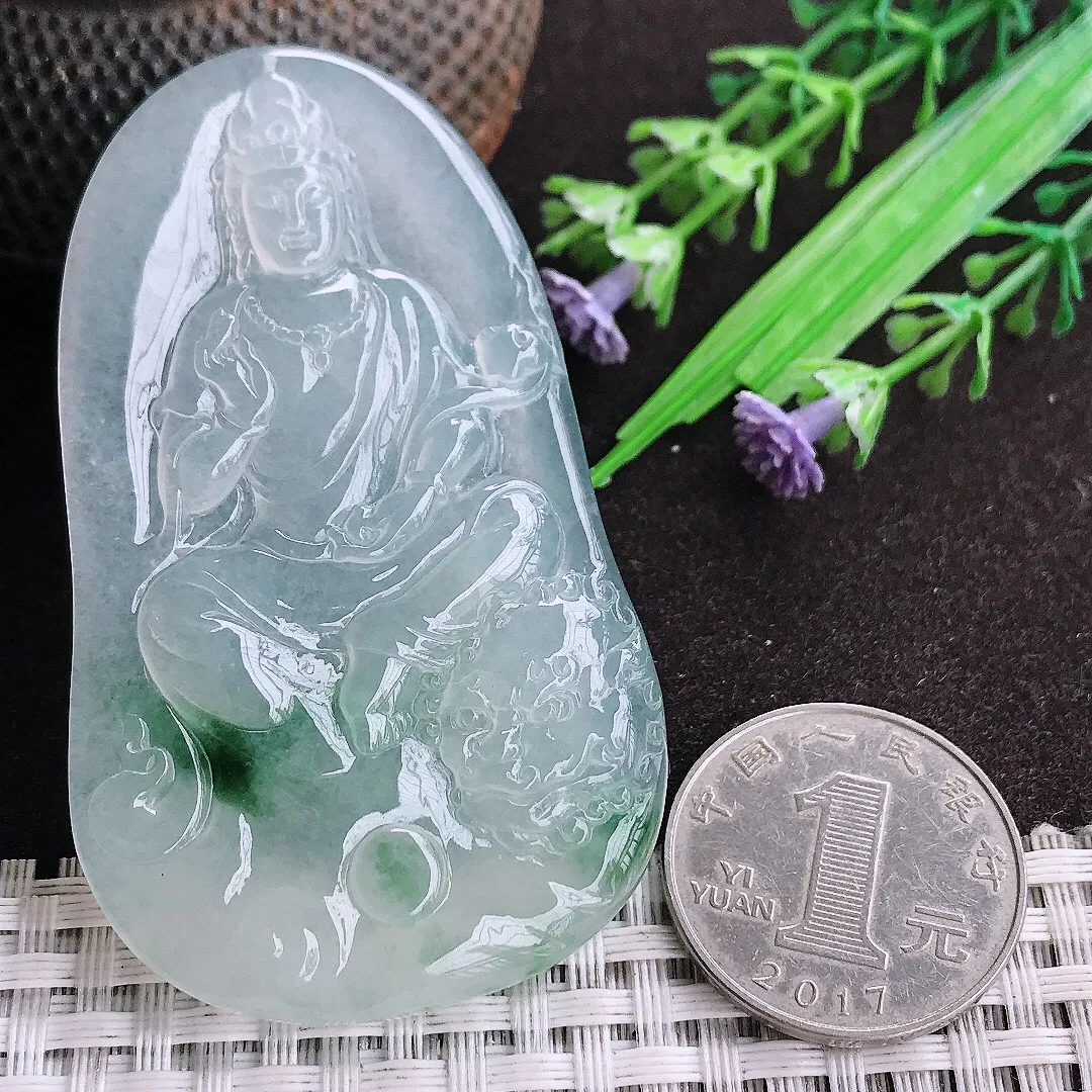 天然a货翡翠67.6/40.2/5.7老坑冰种起胶冰飘花文殊菩萨吊坠翡翠玉观音挂件