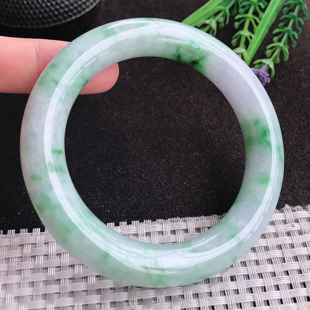 天然A货翡翠59/12.2老坑精美温润飘绿胖圆条手镯玉镯