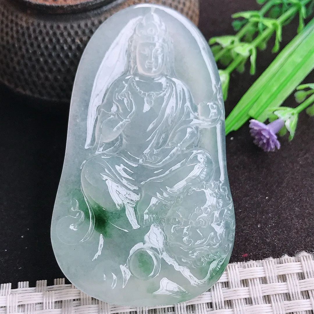 天然a货翡翠67.6/40.2/5.7老坑冰种起胶冰飘花文殊菩萨吊坠翡翠玉观音挂件