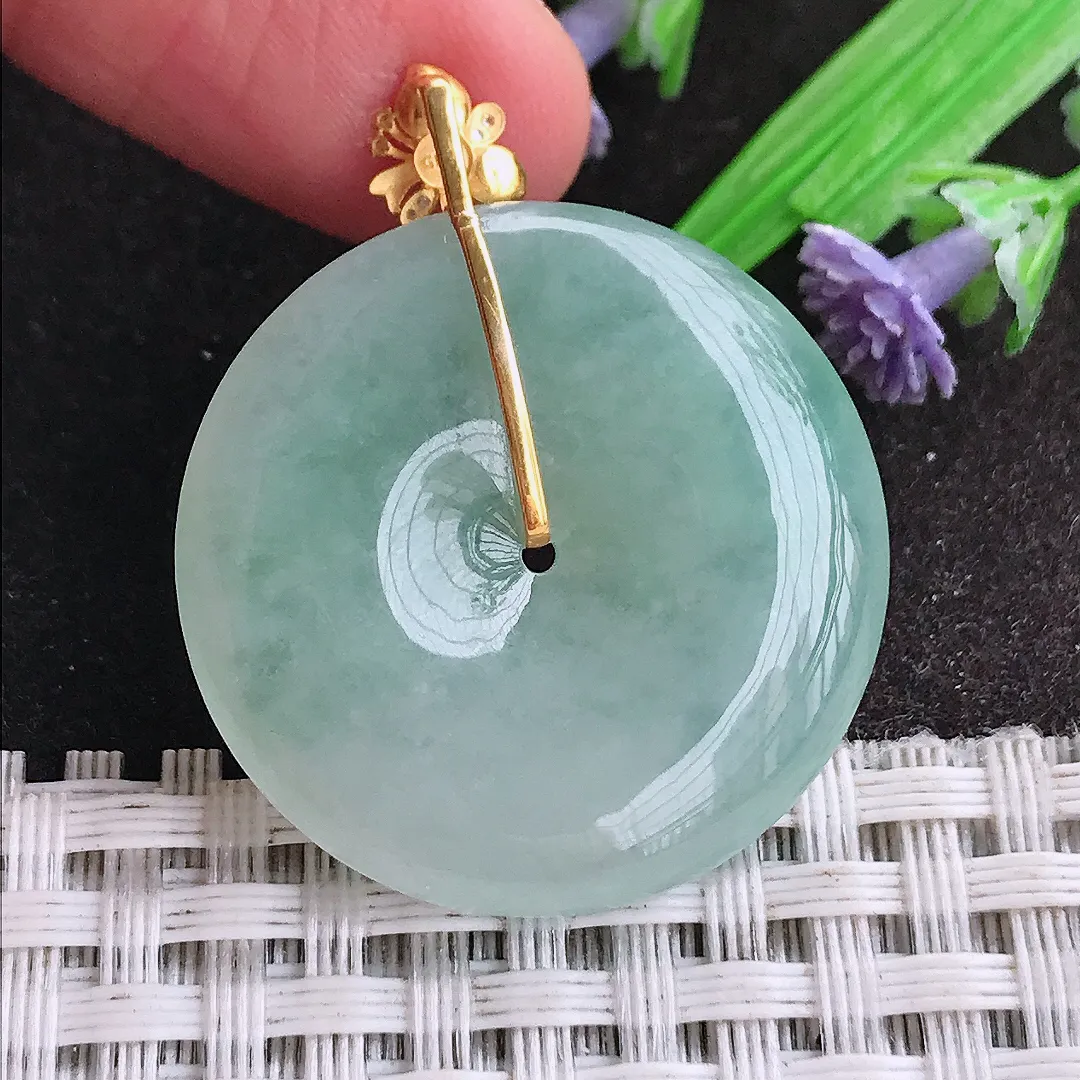 天然A货翡翠29.6/5.6老坑18k金镶嵌冰胶果冻冰晴平安扣吊坠翡翠挂件