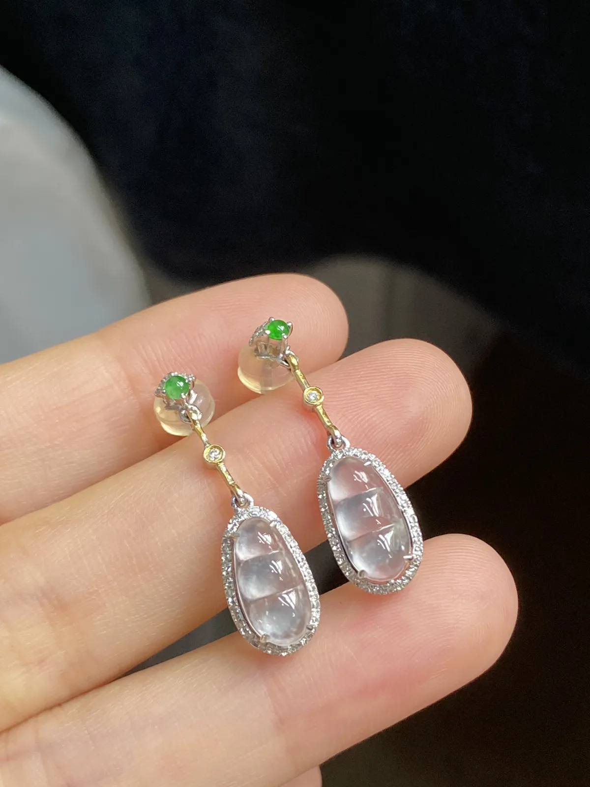 翡翠耳坠，印记：G18K,伴钻石