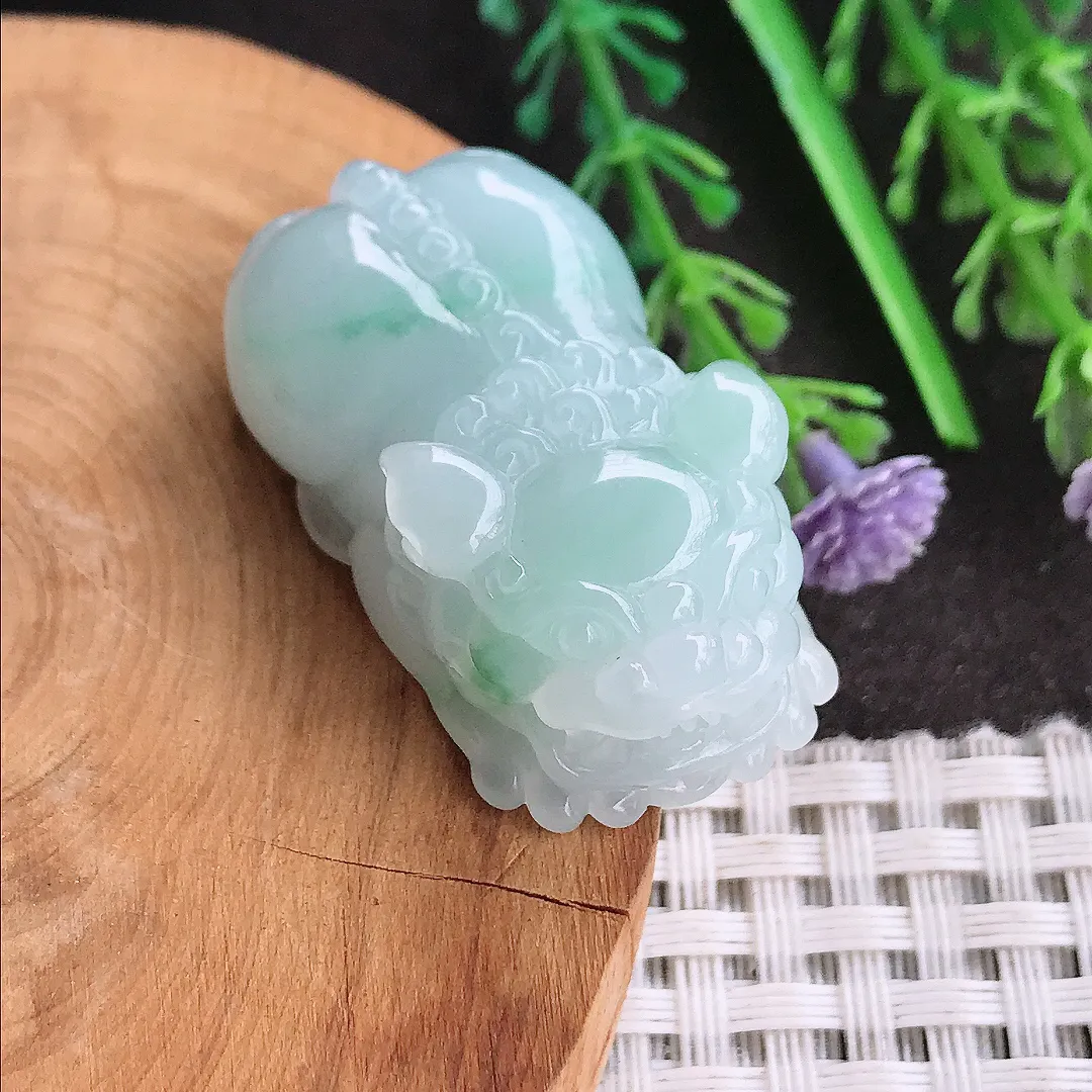 天然A货翡翠37.5/21/12.8老坑秀气冰润飘花貔貅吊坠翡翠挂件