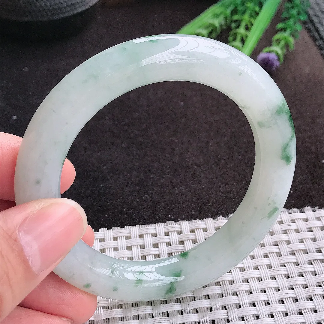 天然A货翡翠54/10.8/10.8老坑冰润起胶飘花圆条手镯玉镯
