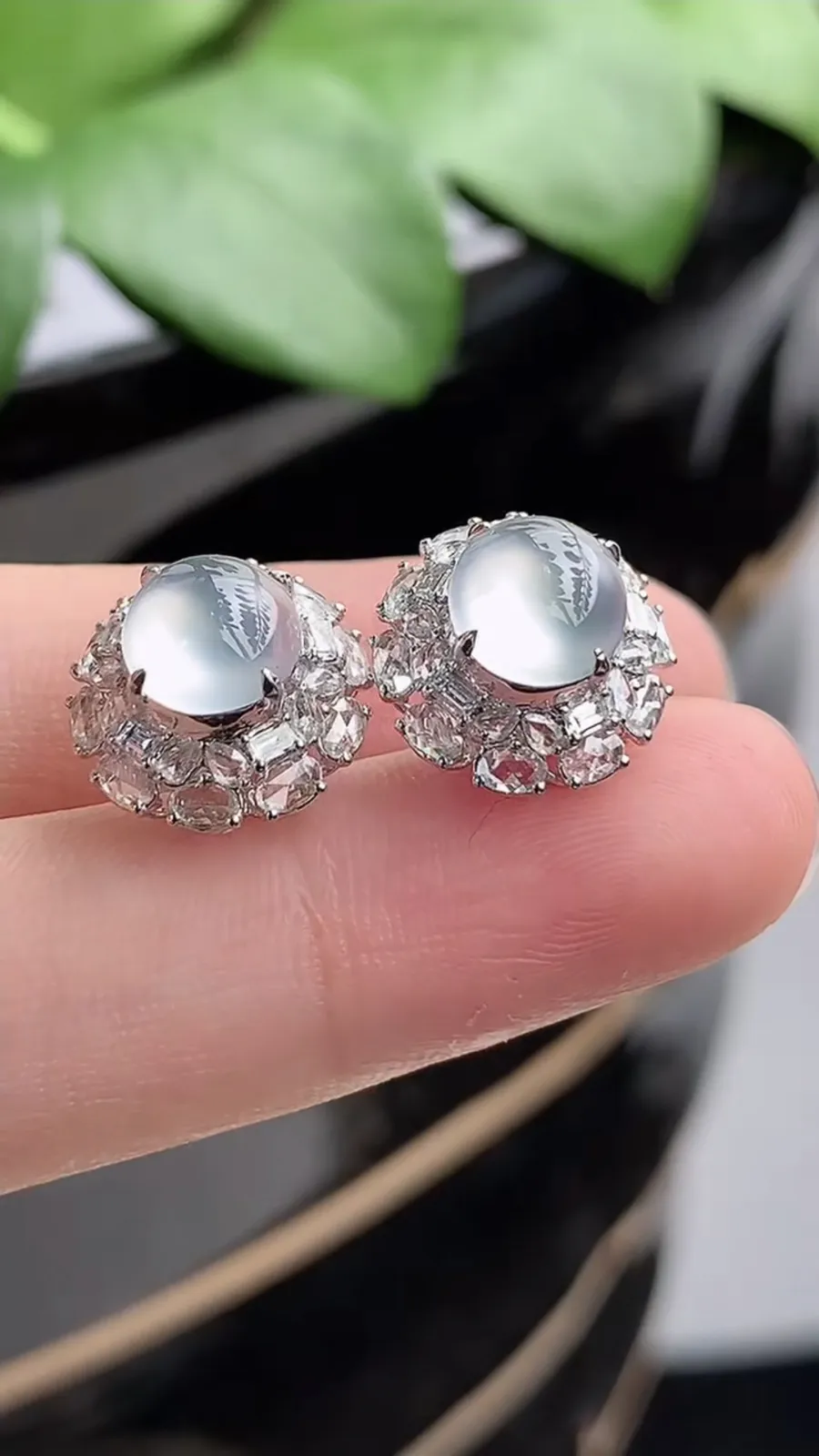 a货翡翠老坑冰种18K金伴钻镶嵌白月光蛋面耳钉 尺寸7.6×6.7mm 重量3.36g 1206