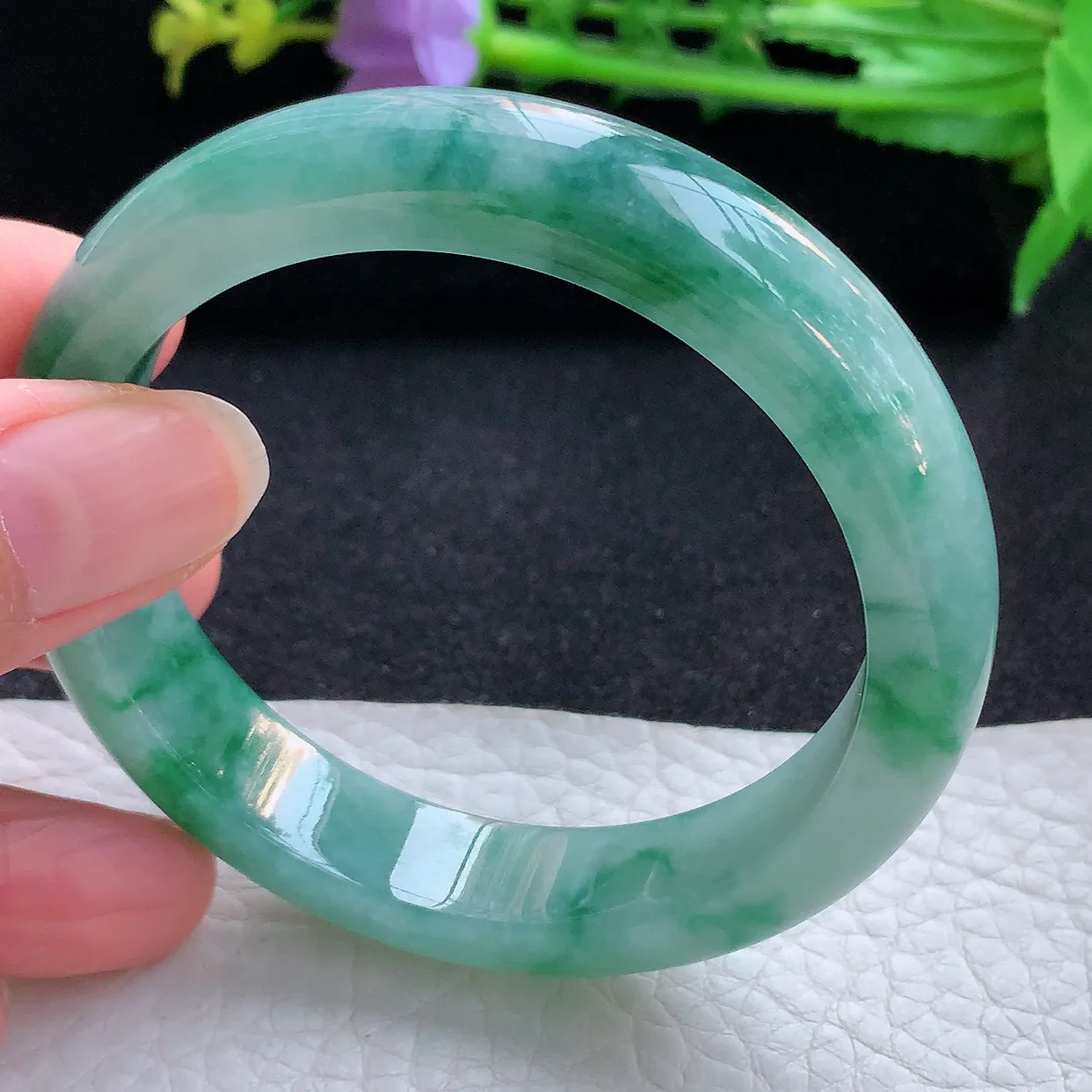 r自然光55*12.3*7.8平安镯 翡翠a货玉手镯冰飘花宽边珠宝玉手环