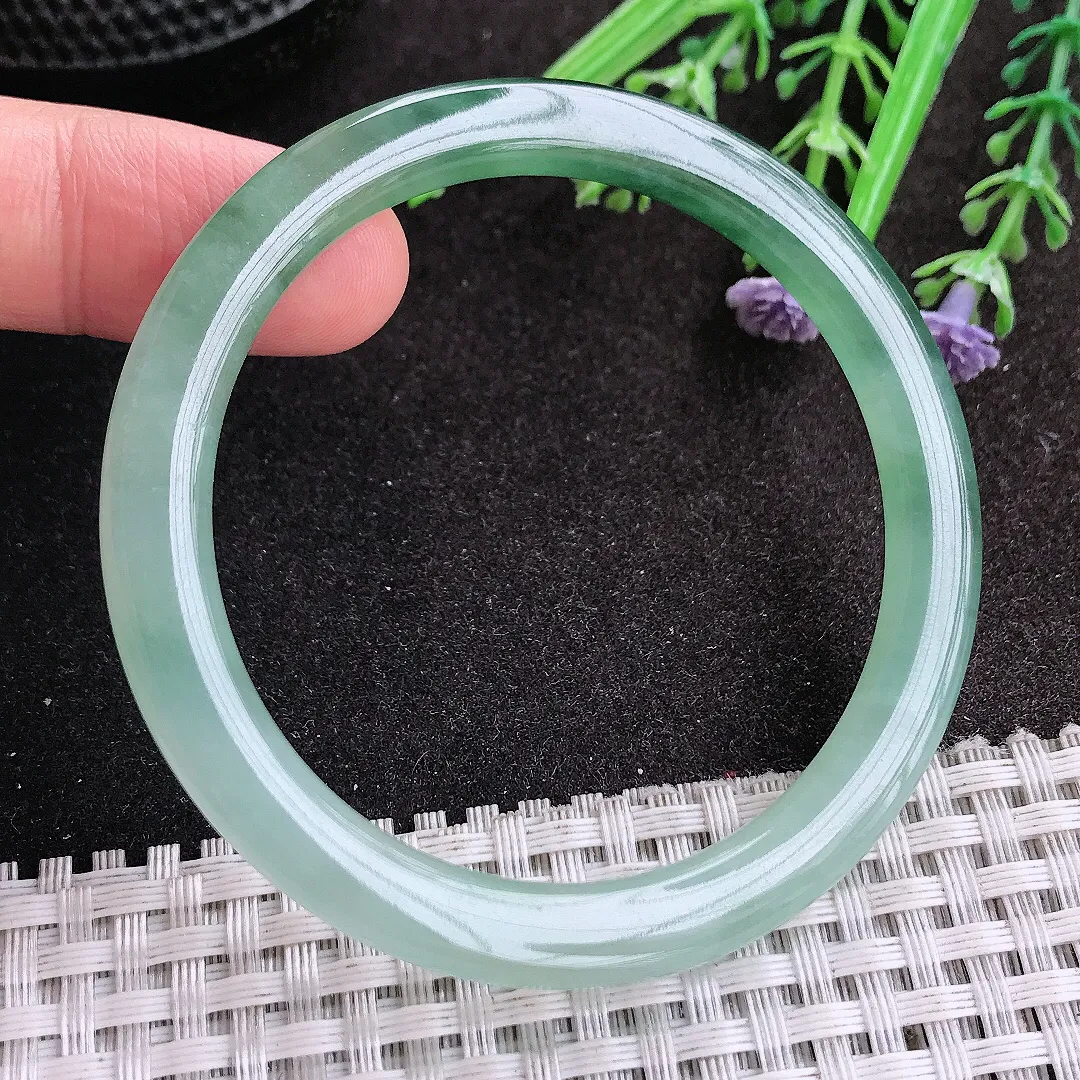 天然A货翡翠52.5/6.1/7.5老坑冰胶水灵飘花细条手镯圆条玉镯