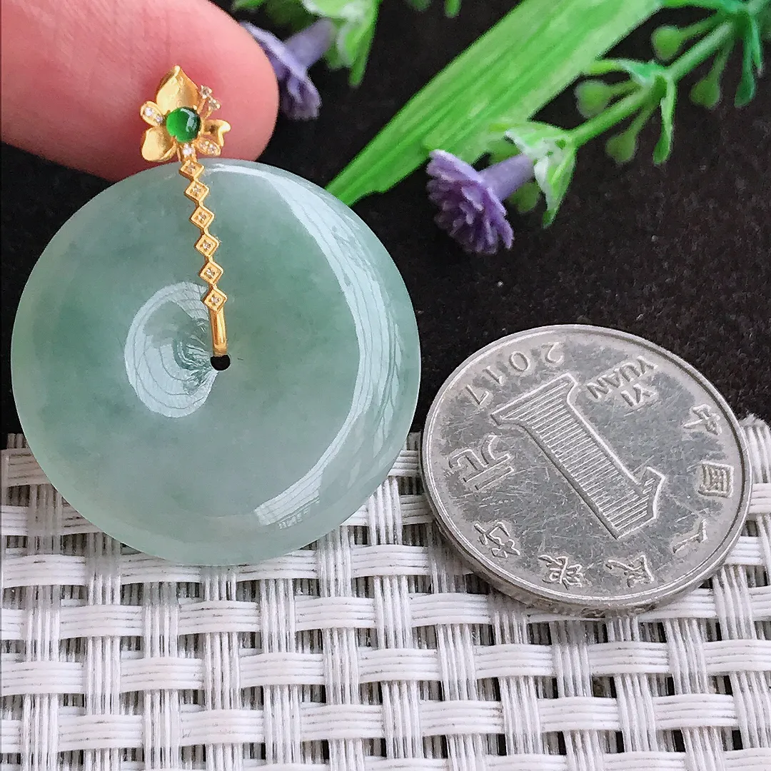 天然A货翡翠29.6/5.6老坑18k金镶嵌冰胶果冻冰晴平安扣吊坠翡翠挂件