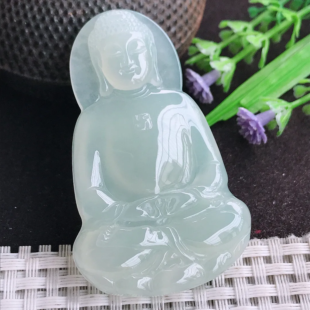 天然A货翡翠58/36.3/6老坑冰纯果冻胶冰晴绿大日如来佛吊坠翡翠挂件