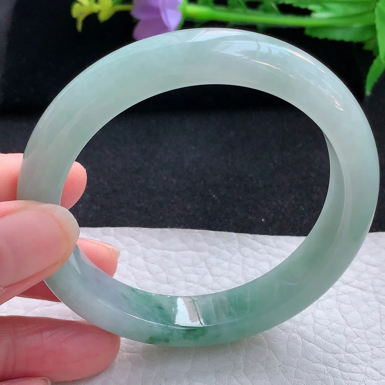 hy自然光57.5*12*8.5平安镯 翡翠a货玉手镯冰飘花宽边珠宝玉手环