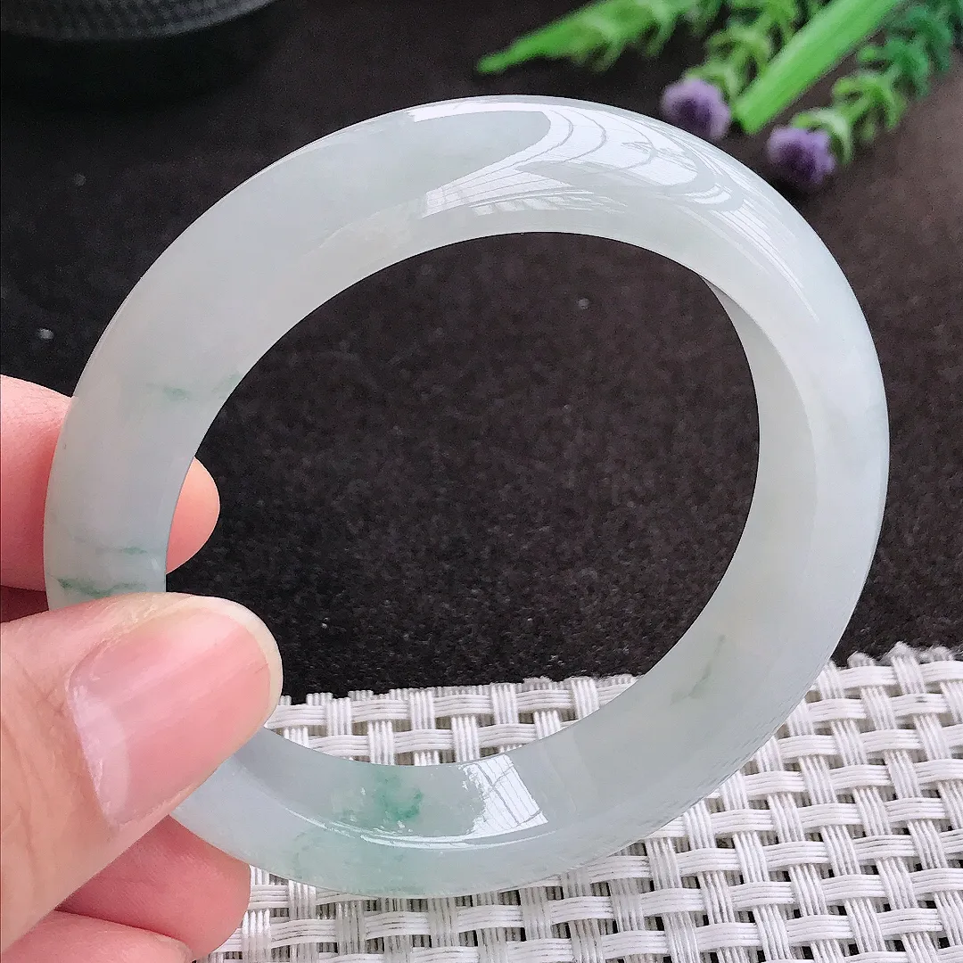 天然A货翡翠54/12.9/9老坑冰胶果冻冰飘花手镯宽边玉镯