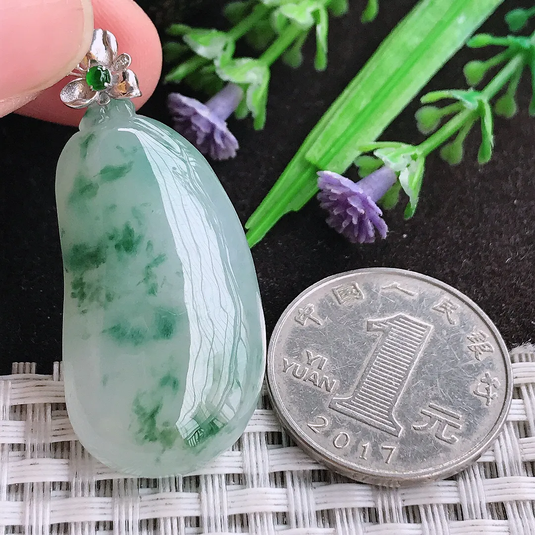 天然A货翡翠37/19.6/7.5老坑18k金镶嵌冰胶果冻飘花福瓜吊坠翡翠挂件